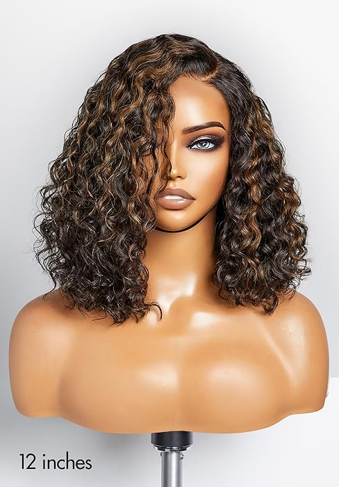 Black with Blonde Highlights Curly Bob 13x4 HD Lace Front Human Hair Wig