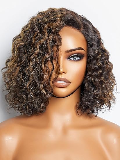 10 Inch 13x4 Curly Bob Human Hair Wig with Blonde Highlights