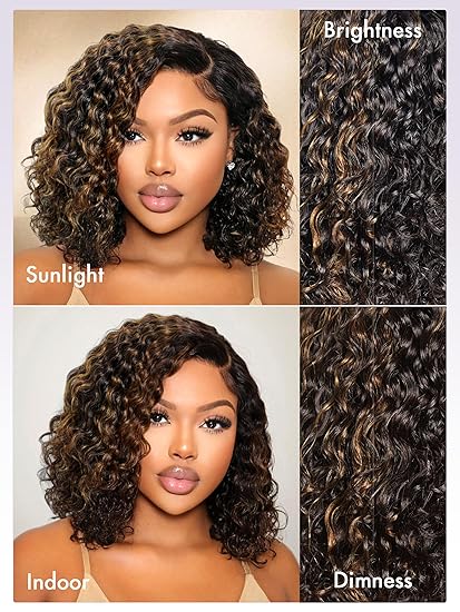 10 Inch 13x4 Curly Bob Human Hair Wig with Blonde Highlights