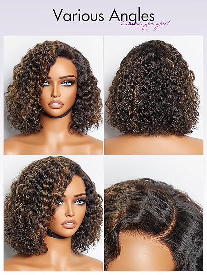 10 Inch 13x4 Curly Bob Human Hair Wig with Blonde Highlights